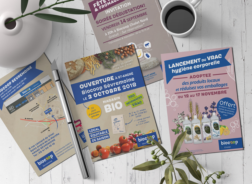 Affiches et déclinaisons communications - Biocoop Cholet 2018 | mockup by yeven_popov et Aleksandr_Samochernyi, Freepik